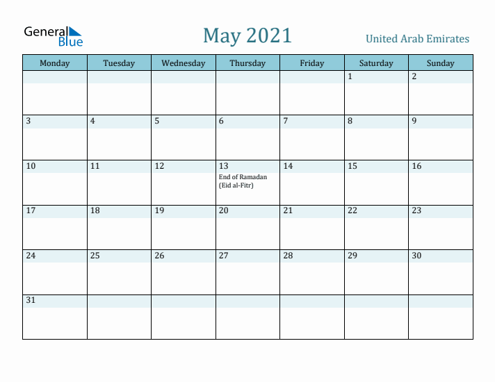 May 2021 Calendar with Holidays