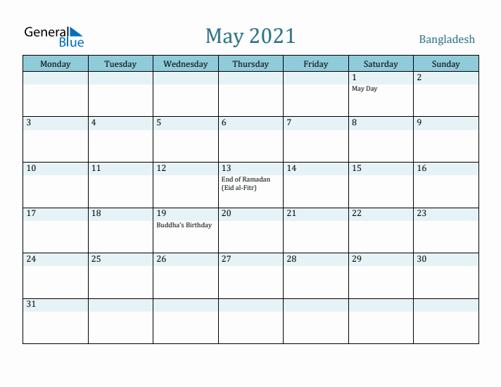 May 2021 Calendar with Holidays