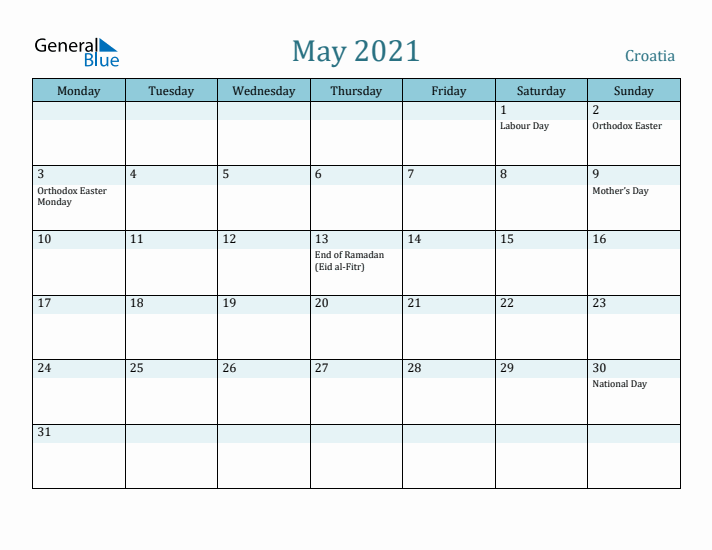 May 2021 Calendar with Holidays