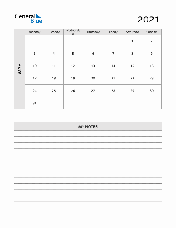 May 2021 Calendar Printable