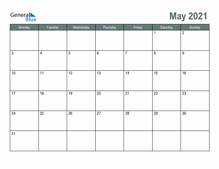 Free Printable May 2021 Calendar