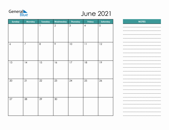 June 2021 Calendar with Notes