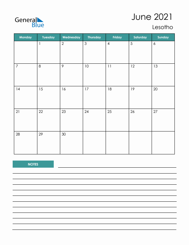 Calendar with Notes Printable - Monday Start