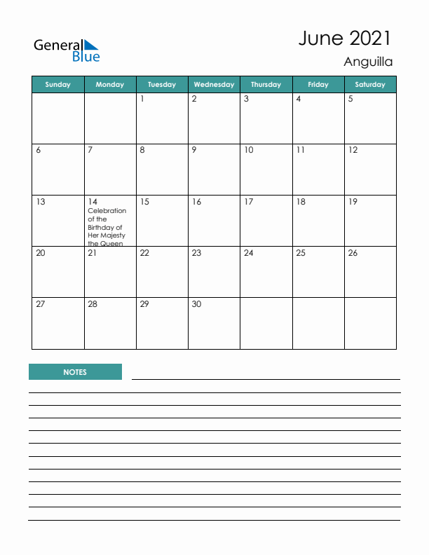 Calendar with Notes Printable - Sunday Start