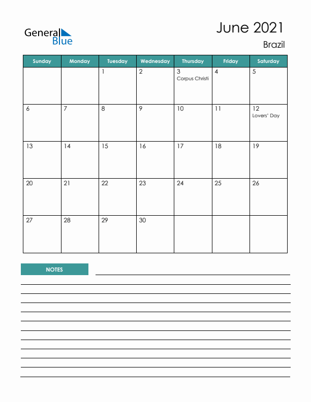 Calendar with Notes Printable - Sunday Start