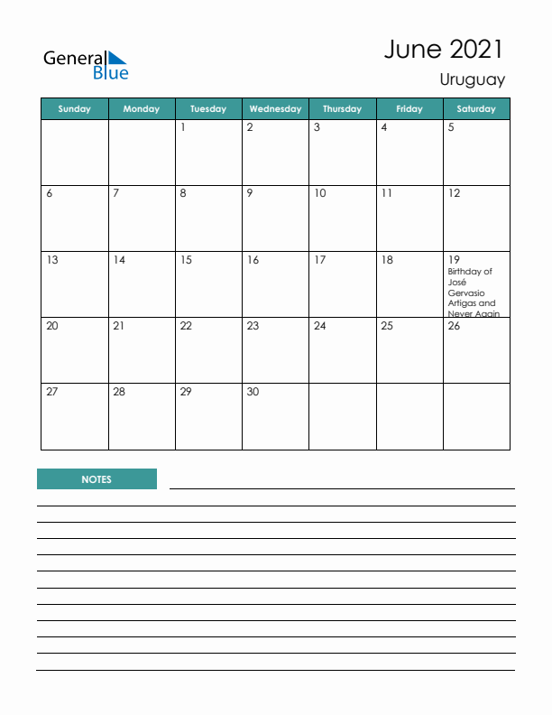 Calendar with Notes Printable - Sunday Start