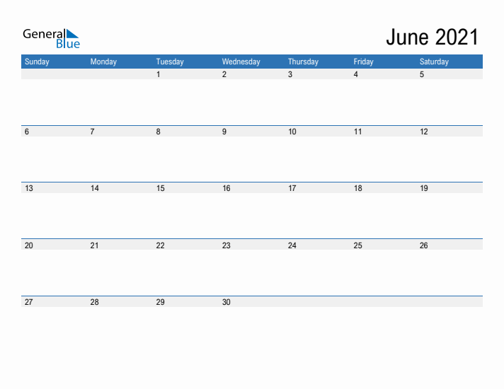 Fillable Calendar for June 2021