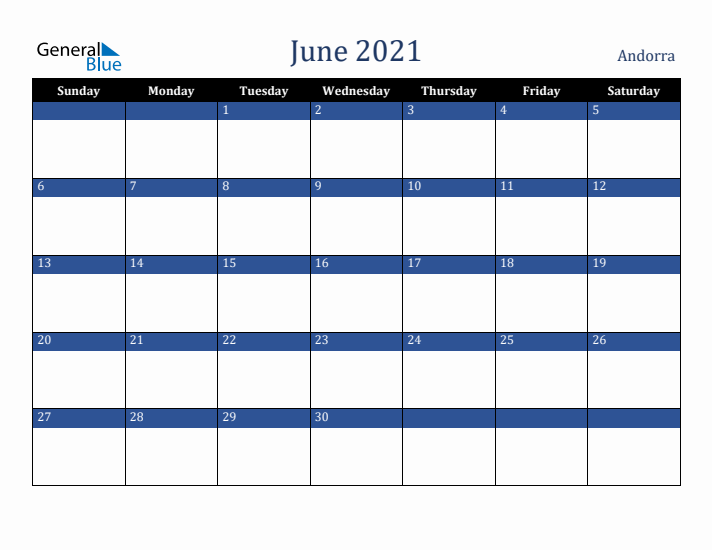 June 2021 Andorra Calendar (Sunday Start)