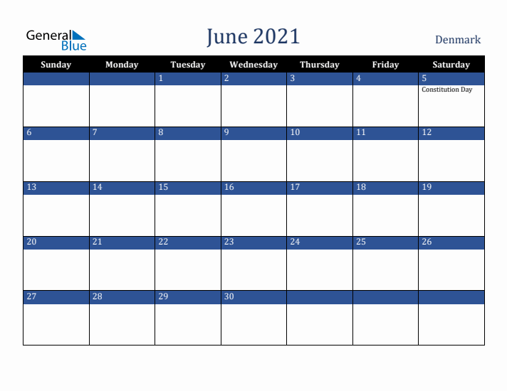 June 2021 Denmark Calendar (Sunday Start)