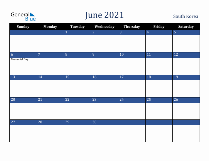 June 2021 South Korea Calendar (Sunday Start)