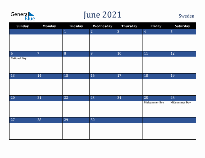 June 2021 Sweden Calendar (Sunday Start)