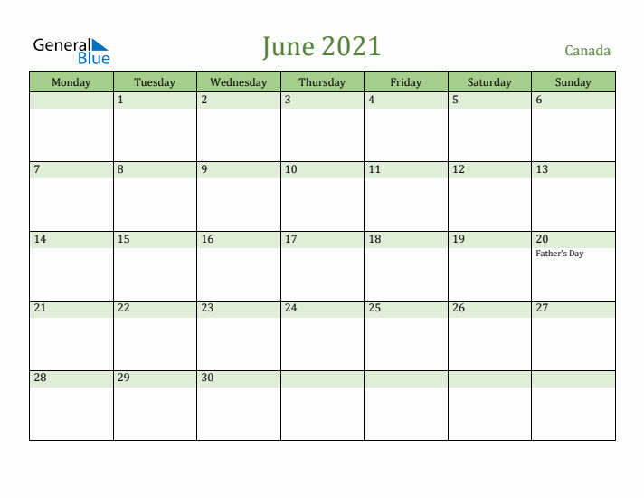 June 2021 Calendar with Canada Holidays