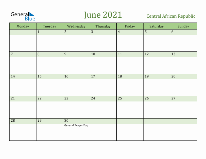 June 2021 Calendar with Central African Republic Holidays