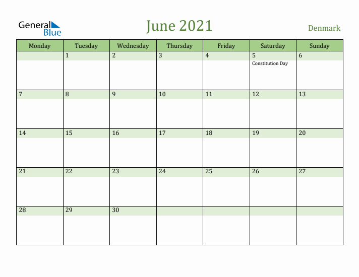 June 2021 Calendar with Denmark Holidays