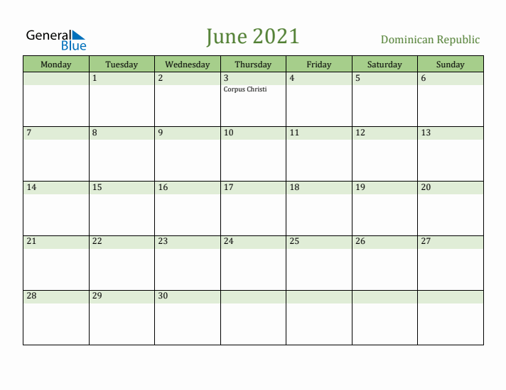 June 2021 Calendar with Dominican Republic Holidays