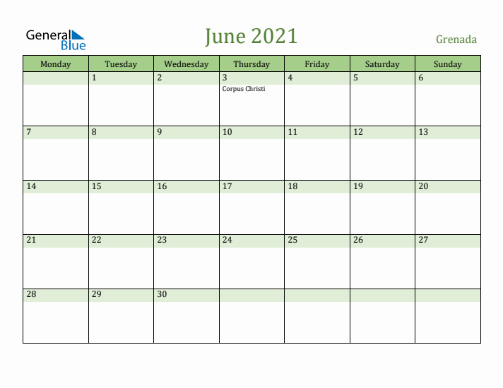 June 2021 Calendar with Grenada Holidays