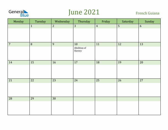 June 2021 Calendar with French Guiana Holidays