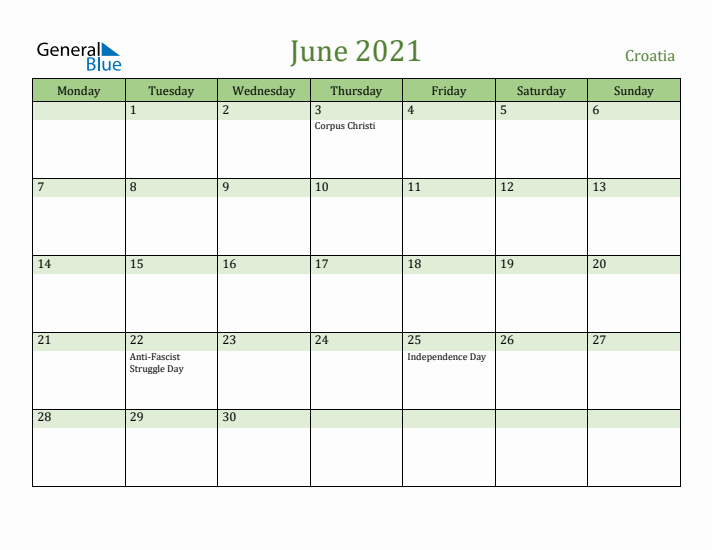 June 2021 Calendar with Croatia Holidays