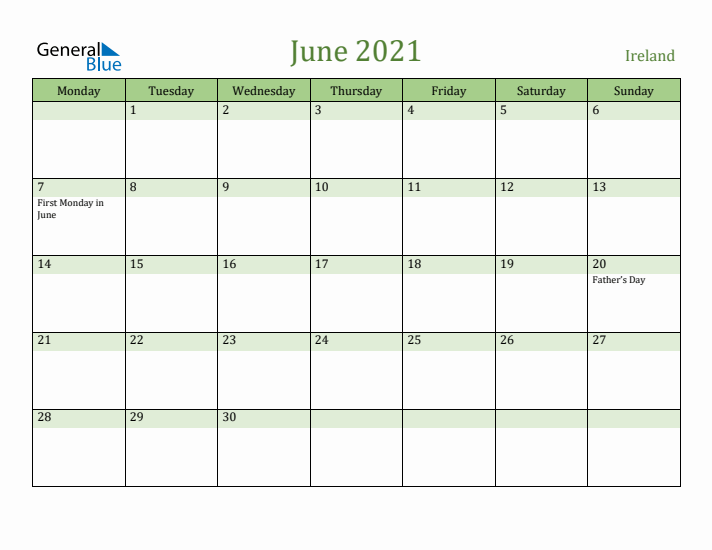 June 2021 Calendar with Ireland Holidays