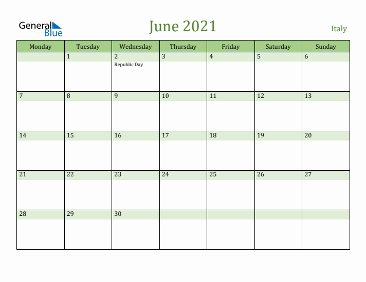 June 2021 Calendar with Italy Holidays