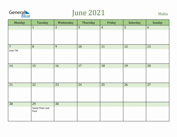 June 2021 Calendar with Malta Holidays