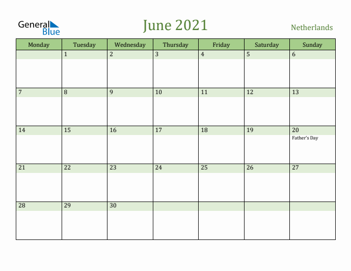 June 2021 Calendar with The Netherlands Holidays