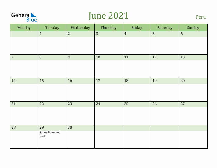 June 2021 Calendar with Peru Holidays