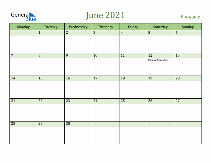 June 2021 Calendar with Paraguay Holidays