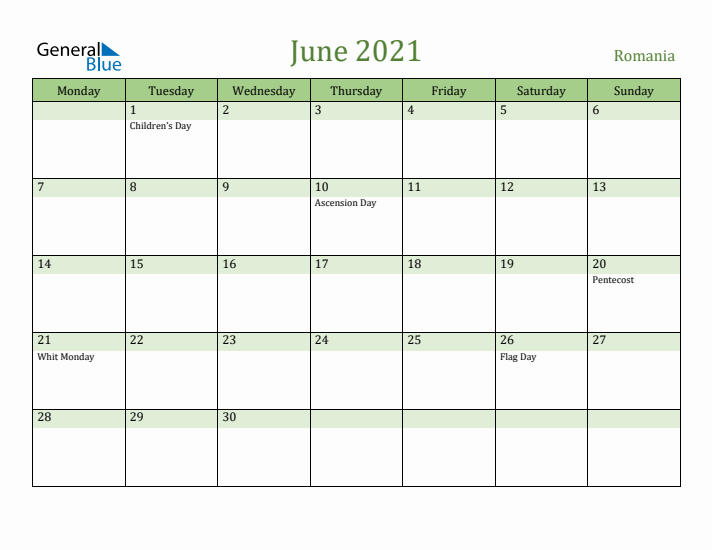 June 2021 Calendar with Romania Holidays