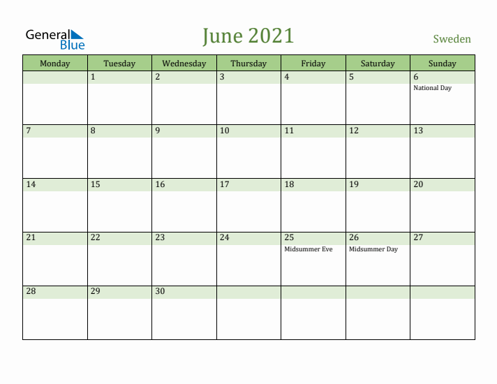 June 2021 Calendar with Sweden Holidays