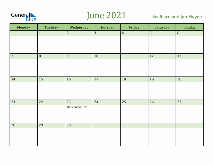 June 2021 Calendar with Svalbard and Jan Mayen Holidays