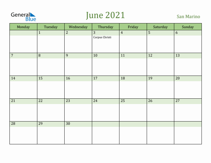 June 2021 Calendar with San Marino Holidays