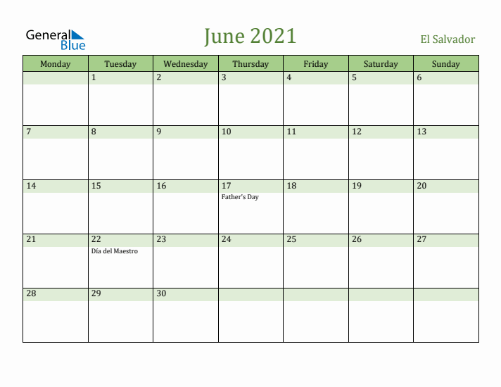 June 2021 Calendar with El Salvador Holidays