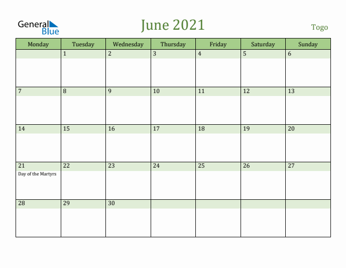 June 2021 Calendar with Togo Holidays