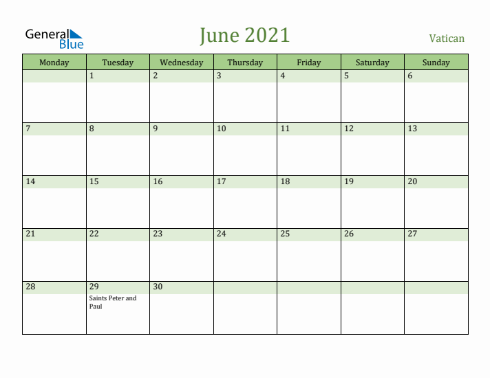 June 2021 Calendar with Vatican Holidays