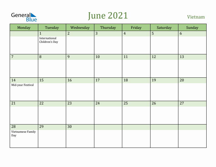 June 2021 Calendar with Vietnam Holidays