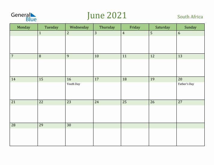 June 2021 Calendar with South Africa Holidays