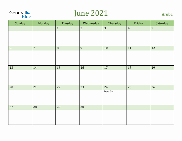 June 2021 Calendar with Aruba Holidays