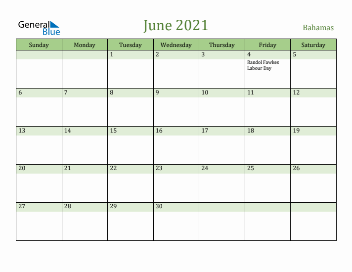 June 2021 Calendar with Bahamas Holidays