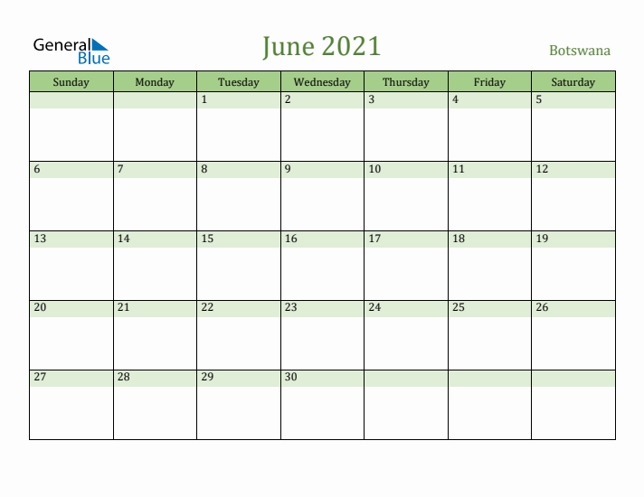 June 2021 Calendar with Botswana Holidays