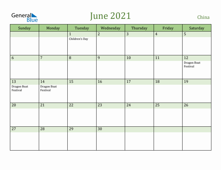 June 2021 Calendar with China Holidays