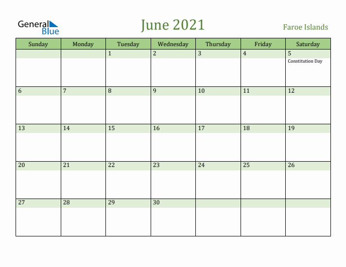 June 2021 Calendar with Faroe Islands Holidays