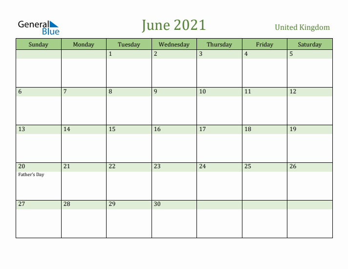 June 2021 Calendar with United Kingdom Holidays