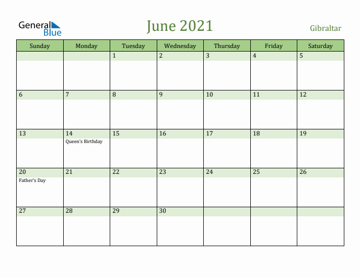 June 2021 Calendar with Gibraltar Holidays