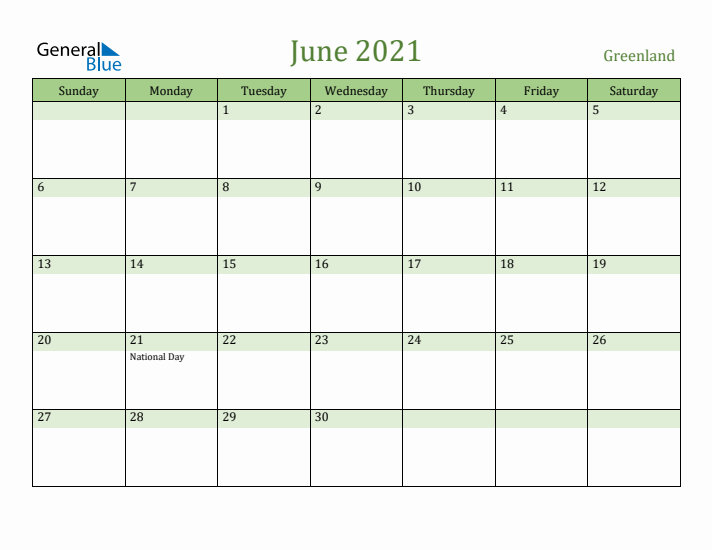 June 2021 Calendar with Greenland Holidays