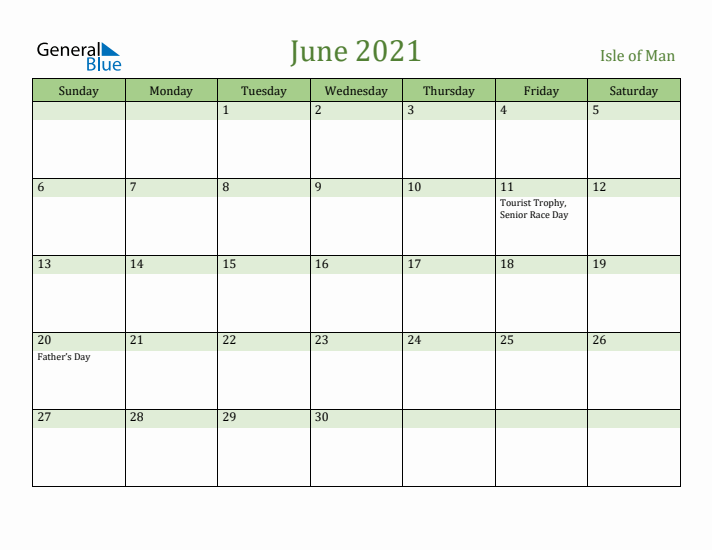 June 2021 Calendar with Isle of Man Holidays