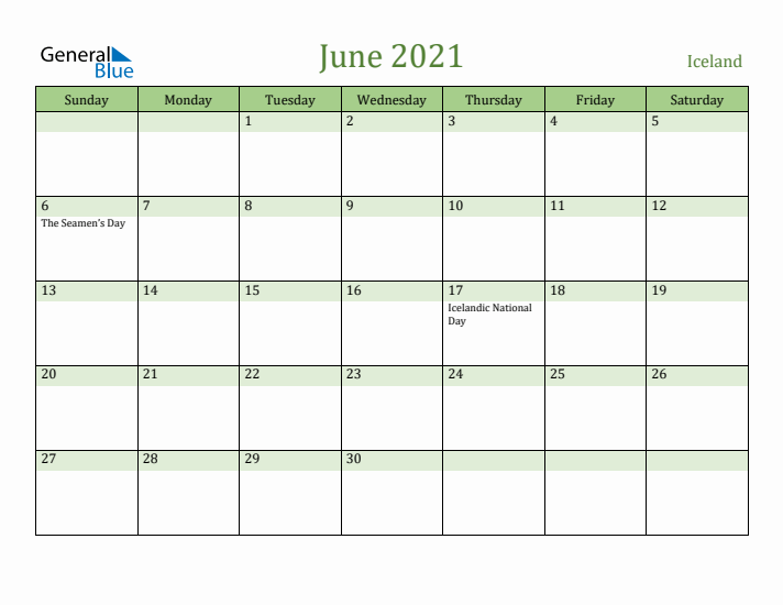 June 2021 Calendar with Iceland Holidays