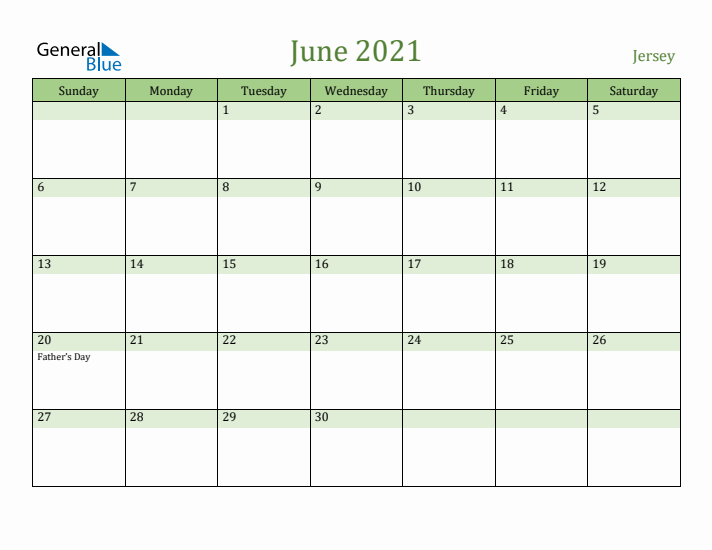 June 2021 Calendar with Jersey Holidays