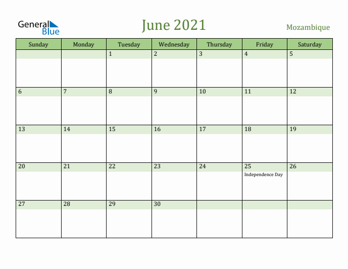 June 2021 Calendar with Mozambique Holidays