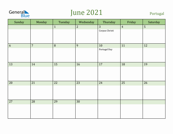 June 2021 Calendar with Portugal Holidays